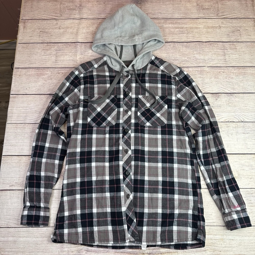 Cabela's Hooded Flannel Shirt Women's Small Gray‎ Plaid